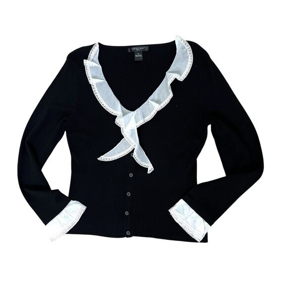 August Silk Petite Cardigan Sweater Large PL Black White Ruffle Collar Cuffs - Picture 3 of 6